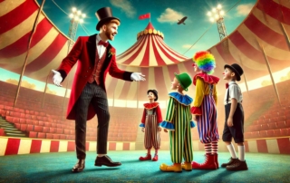 ringmaster with clown kids