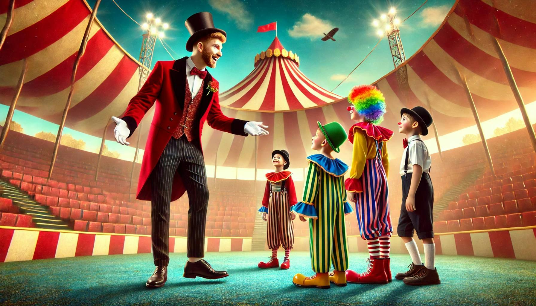 ringmaster with clown kids